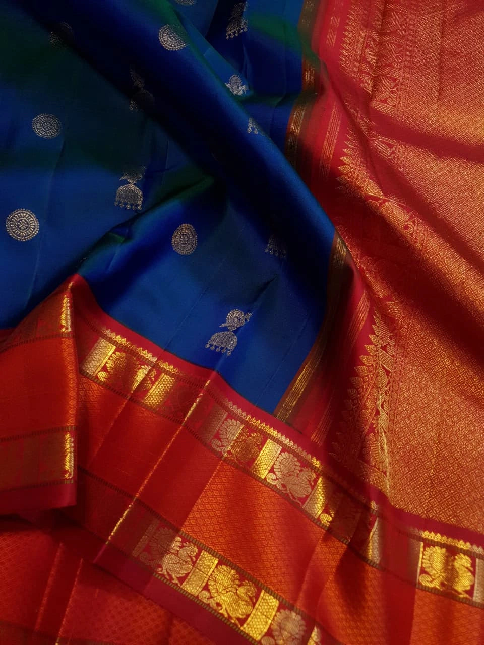 2G Pure Korvai Kanjivaram Silk Saree Peacock  Blue with Rich Red and Gold Zari Border| Silkmark Certified