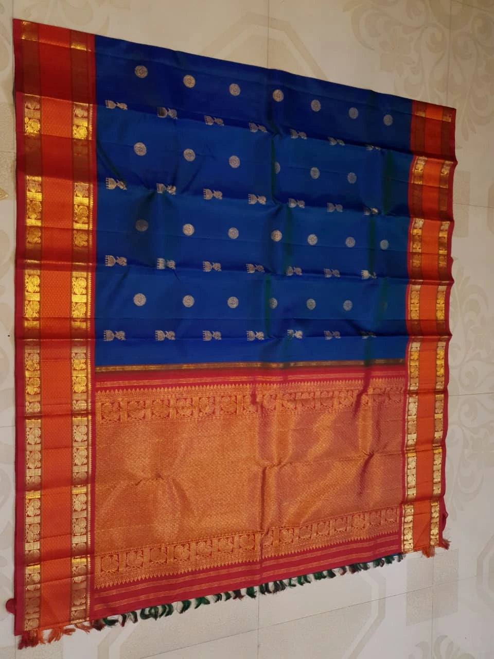 2G Pure Korvai Kanjivaram Silk Saree Peacock  Blue with Rich Red and Gold Zari Border| Silkmark Certified
