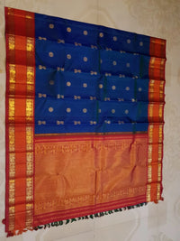 2G Pure Korvai Kanjivaram Silk Saree Peacock  Blue with Rich Red and Gold Zari Border| Silkmark Certified