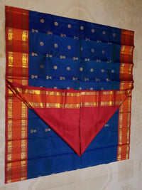 2G Pure Korvai Kanjivaram Silk Saree Peacock  Blue with Rich Red and Gold Zari Border| Silkmark Certified