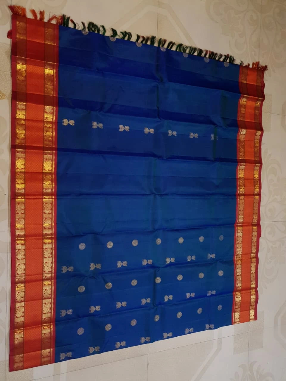 2G Pure Korvai Kanjivaram Silk Saree Peacock  Blue with Rich Red and Gold Zari Border| Silkmark Certified