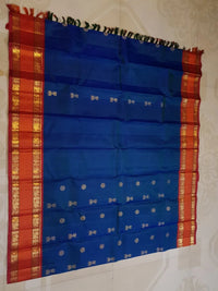 2G Pure Korvai Kanjivaram Silk Saree Peacock  Blue with Rich Red and Gold Zari Border| Silkmark Certified