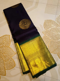 2G Pure Kanjivaram Silk Saree in Dark Purple with Gold and Dark Green | Silk Mark Certified