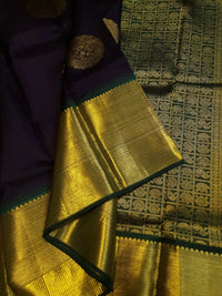 2G Pure Kanjivaram Silk Saree in Dark Purple with Gold and Dark Green | Silk Mark Certified