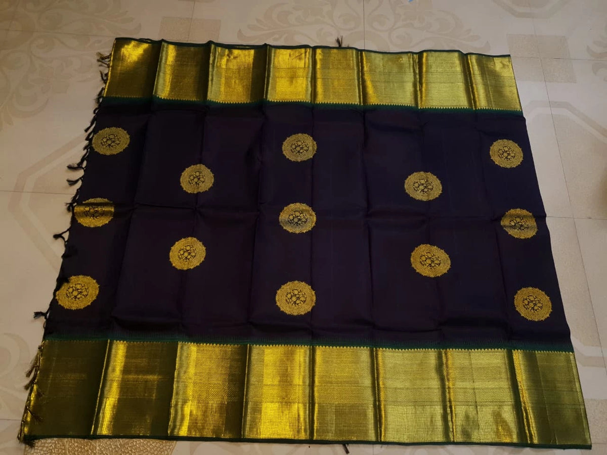 2G Pure Kanjivaram Silk Saree in Dark Purple with Gold and Dark Green | Silk Mark Certified
