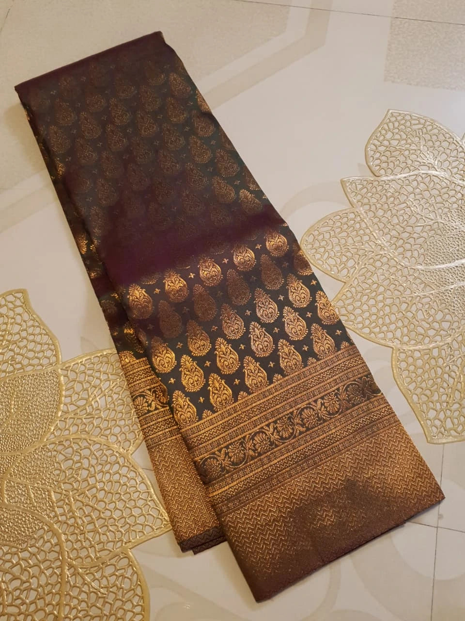2G Pure Kanjivaram Silk Saree in Dark Brown with Antique Gold Zari | Silkmark Certified