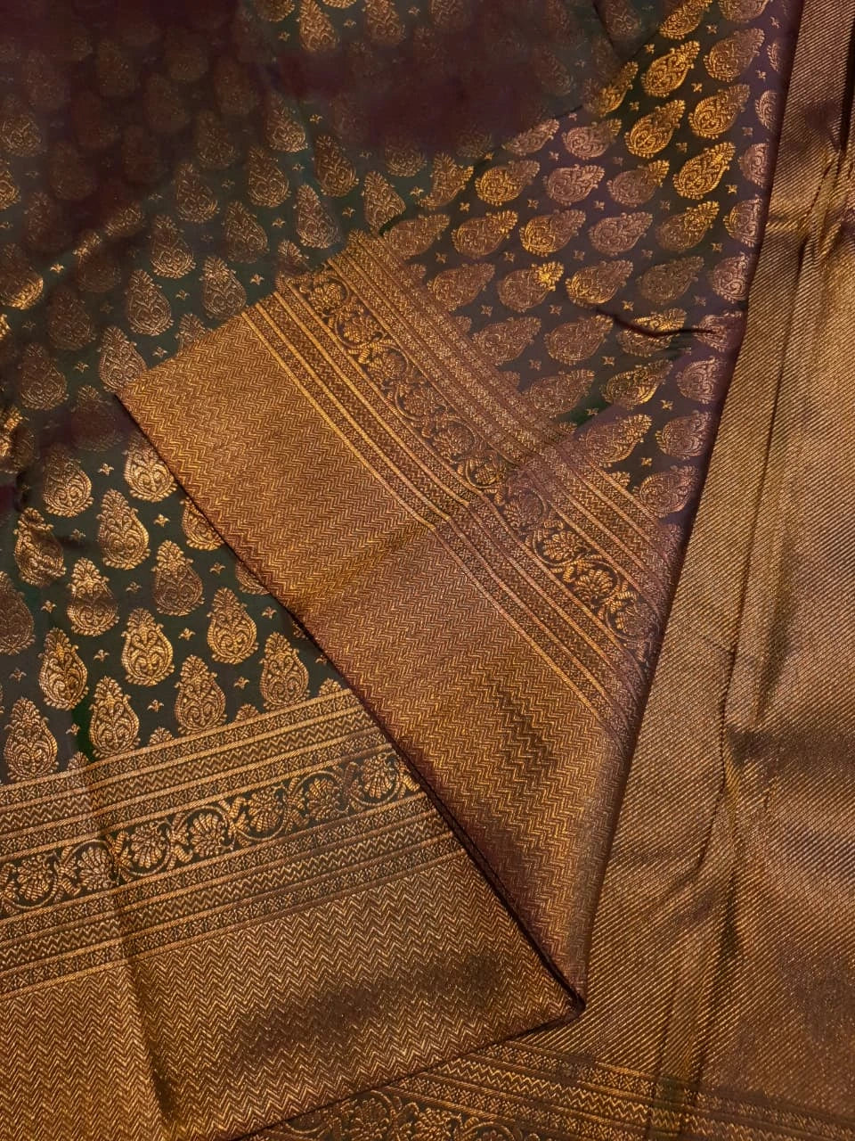 2G Pure Kanjivaram Silk Saree in Dark Brown with Antique Gold Zari | Silkmark Certified