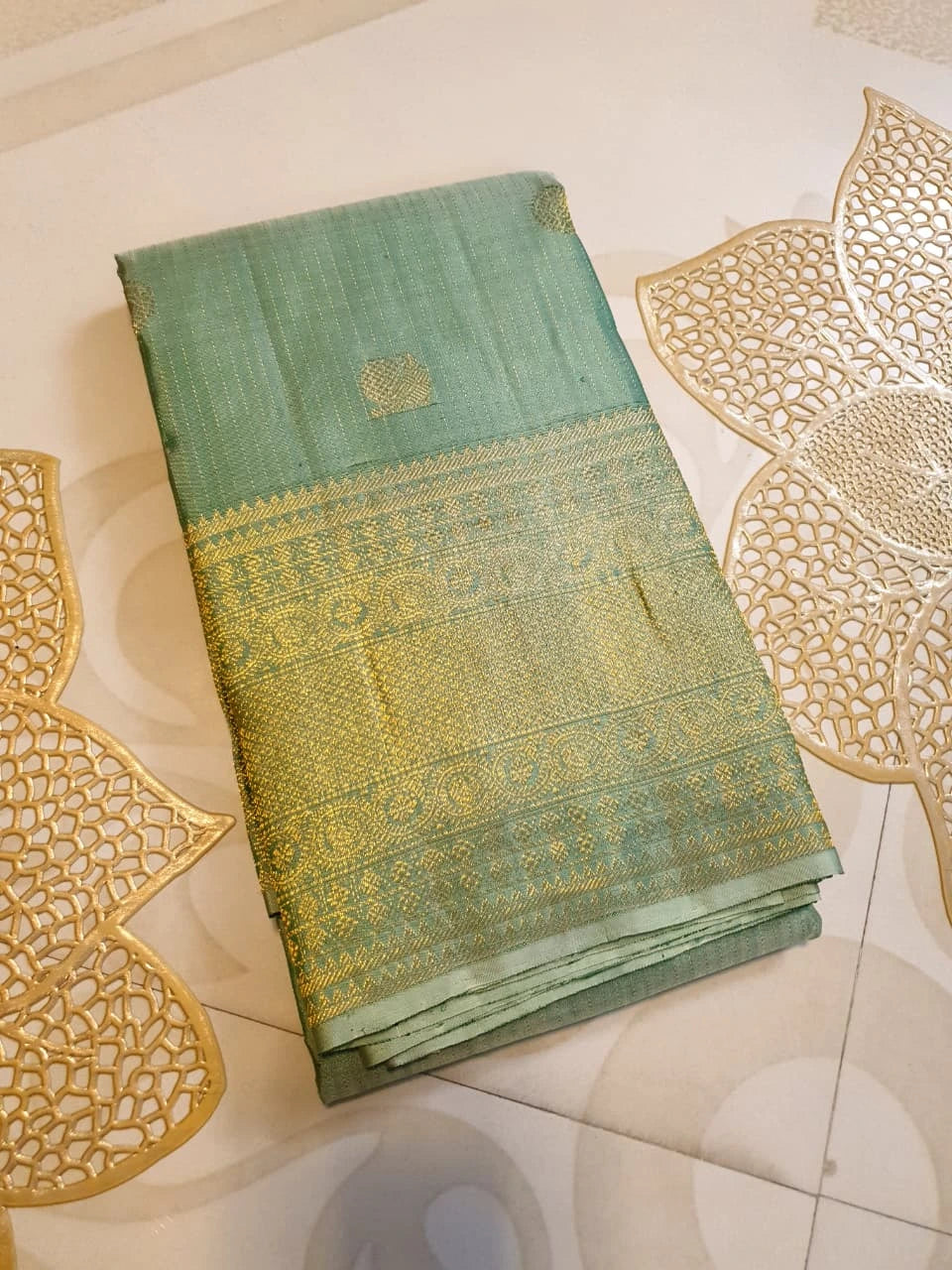 2G Pure Kanjivaram Silk Saree in Pastel Green with Gold Zari | Silkmark Certified