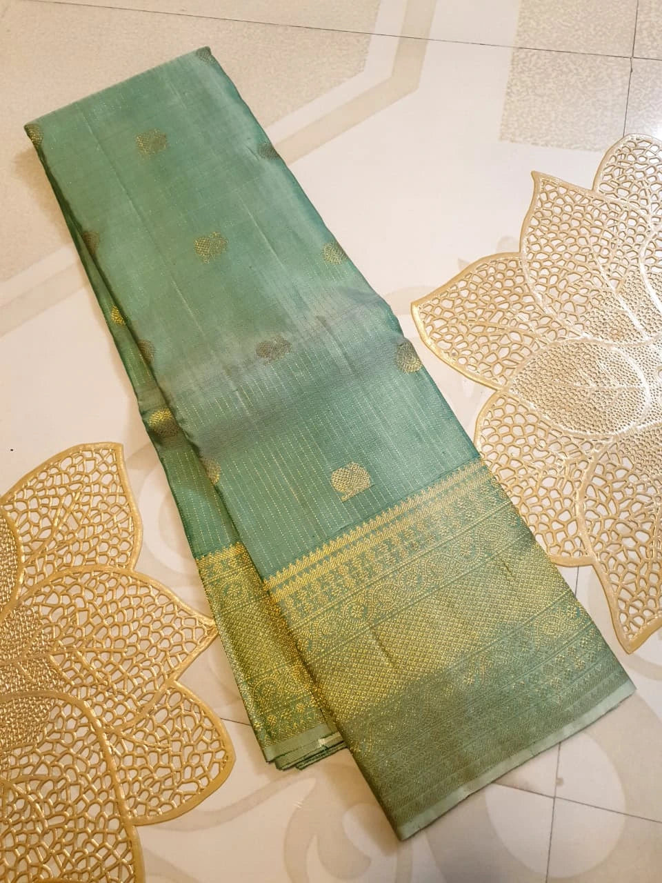 2G Pure Kanjivaram Silk Saree in Pastel Green with Gold Zari | Silkmark Certified