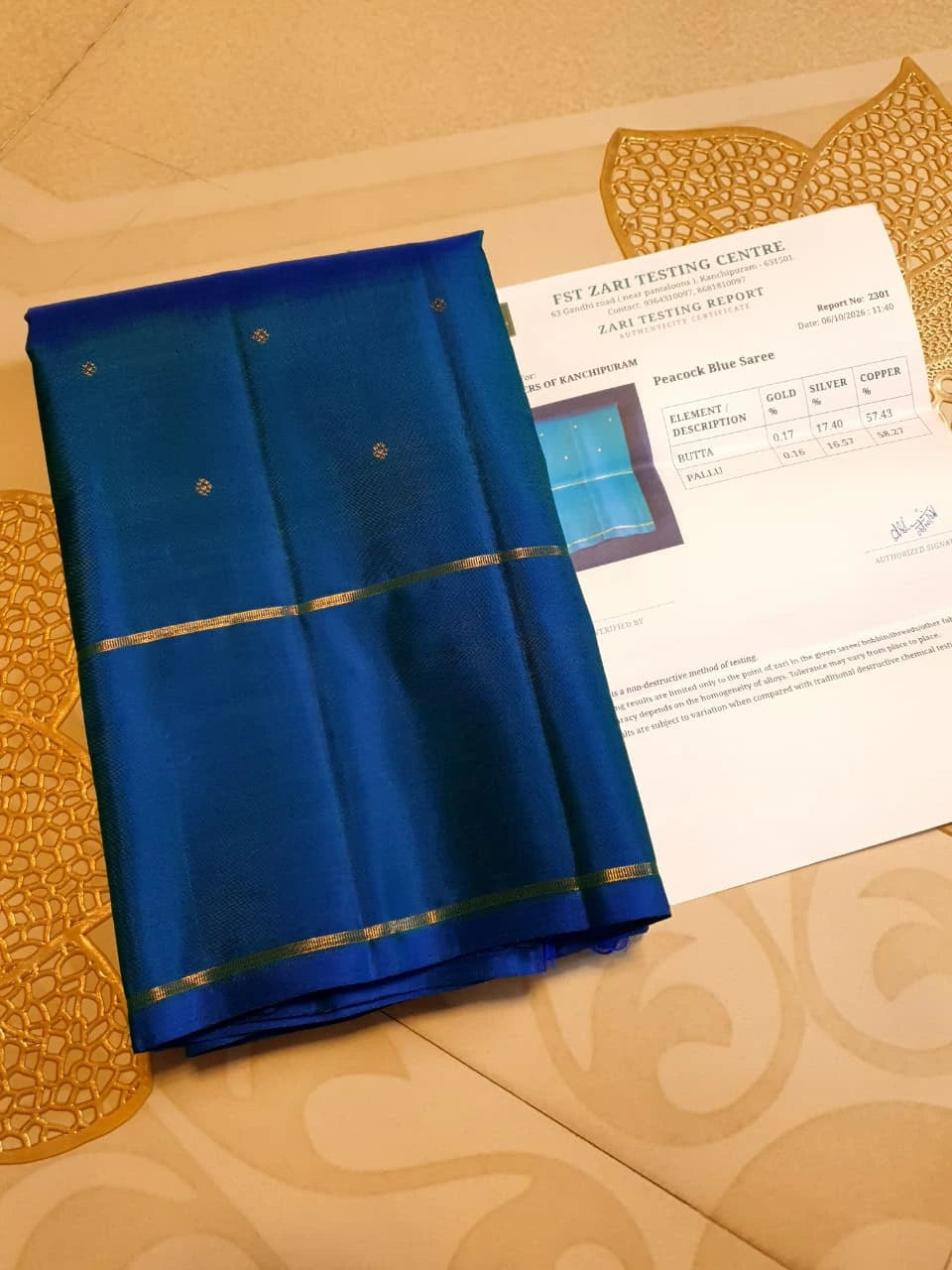 3G Pure Zari Kanjivaram Silk Saree - Peacock Blue with Gold | Silkmark Certified
