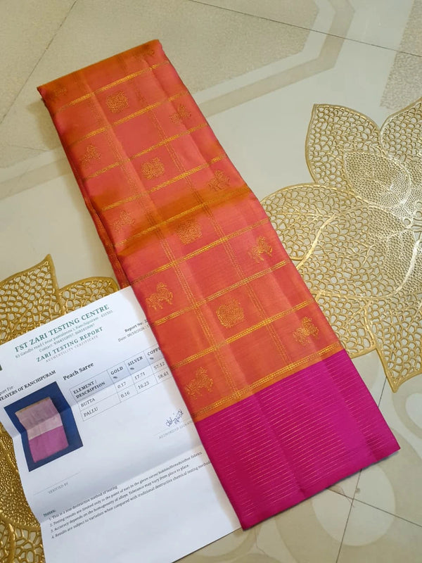 3G Pure Zari Kanjivaram Silk Saree in Orange Peach with Pink | Silkmark Certified
