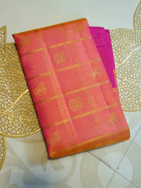 3G Pure Zari Kanjivaram Silk Saree in Orange Peach with Pink | Silkmark Certified