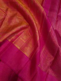 3G Pure Zari Kanjivaram Silk Saree in Orange Peach with Pink | Silkmark Certified