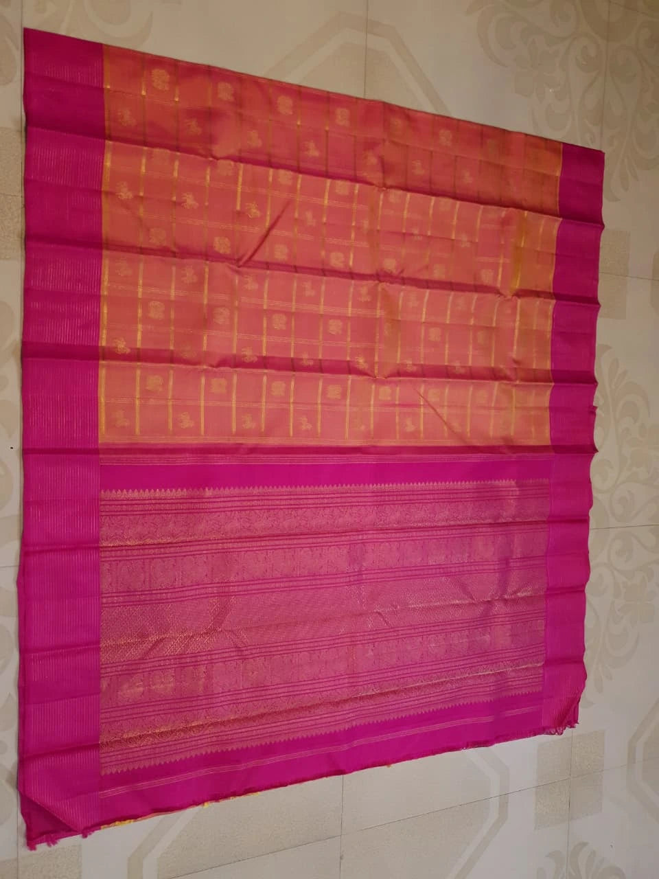 3G Pure Zari Kanjivaram Silk Saree in Orange Peach with Pink | Silkmark Certified