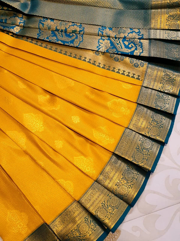 Semi Silk Saree - Mustard Yellow  with Peacock Green Gold  Zari Border