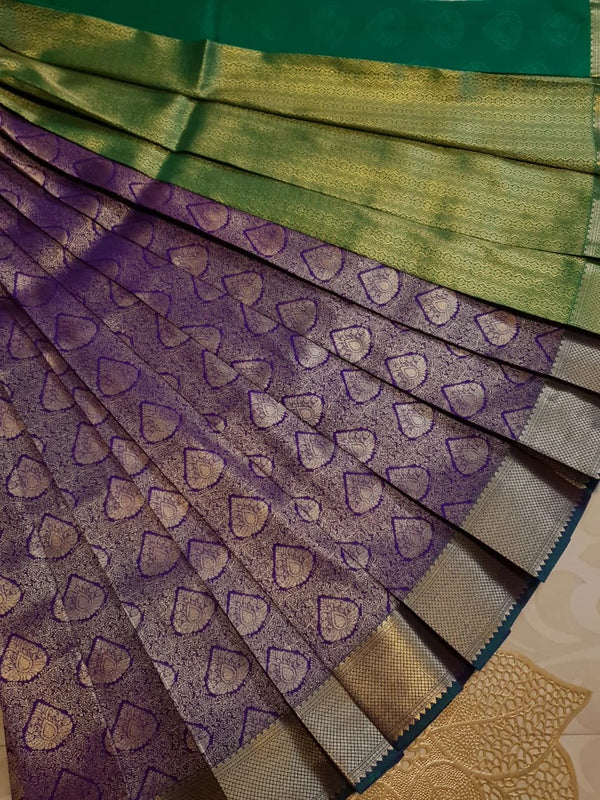 Semi Silk Saree - Blue With Green