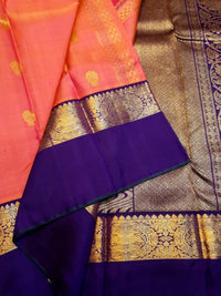 2G Pure Kanjivaram Silk Saree – Peach with Blue | Silkmark Certified