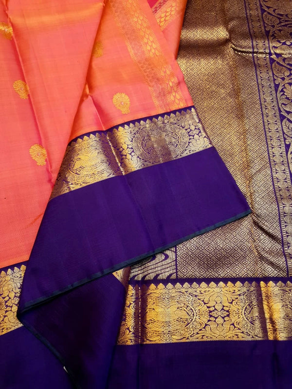 2G Pure Kanjivaram Silk Saree – Peach with Blue | Silkmark Certified
