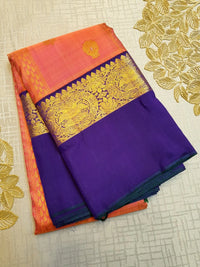 2G Pure Kanjivaram Silk Saree – Peach with Blue | Silkmark Certified