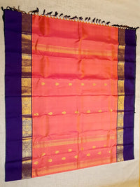 2G Pure Kanjivaram Silk Saree – Peach with Blue | Silkmark Certified