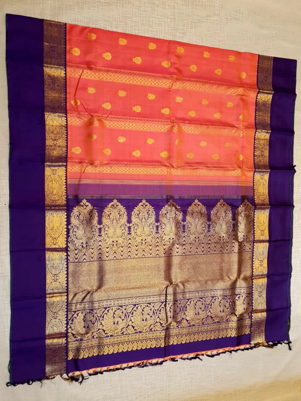 2G Pure Kanjivaram Silk Saree – Peach with Blue | Silkmark Certified