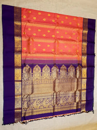 2G Pure Kanjivaram Silk Saree – Peach with Blue | Silkmark Certified