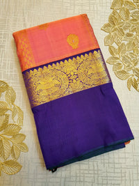 2G Pure Kanjivaram Silk Saree – Peach with Blue | Silkmark Certified