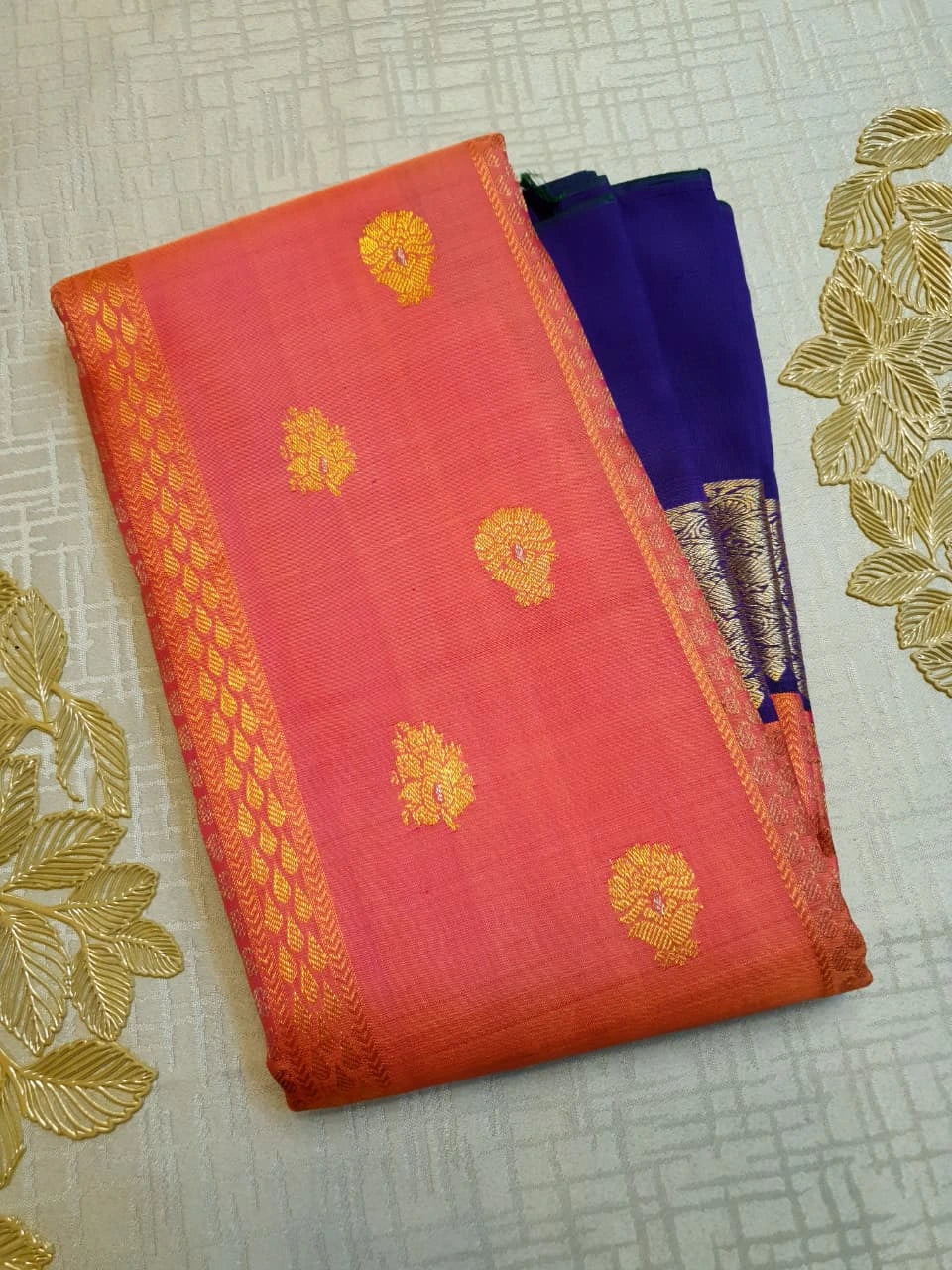 2G Pure Kanjivaram Silk Saree – Peach with Blue | Silkmark Certified