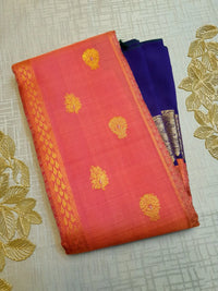 2G Pure Kanjivaram Silk Saree – Peach with Blue | Silkmark Certified