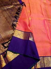 2G Pure Kanjivaram Silk Saree – Peach with Blue | Silkmark Certified