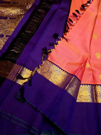 2G Pure Kanjivaram Silk Saree – Peach with Blue | Silkmark Certified
