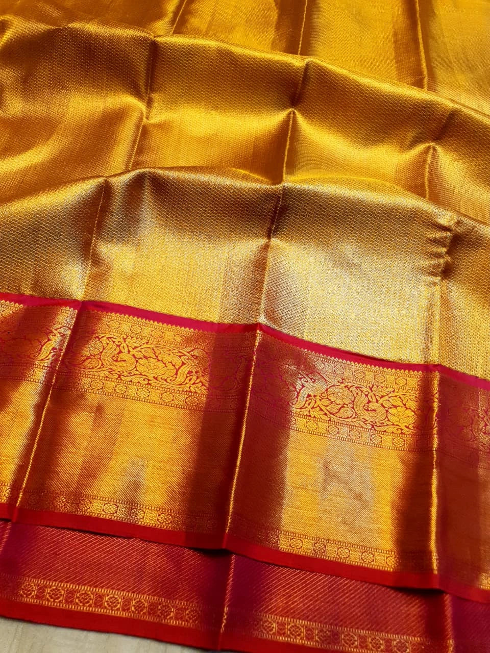 2G Pure Kanjivaram Silk Saree – Gold with Red Peacock Border | Silkmark Certified  Celebrate timeles