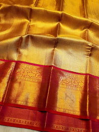 2G Pure Kanjivaram Silk Saree – Gold with Red Peacock Border | Silkmark Certified  Celebrate timeles