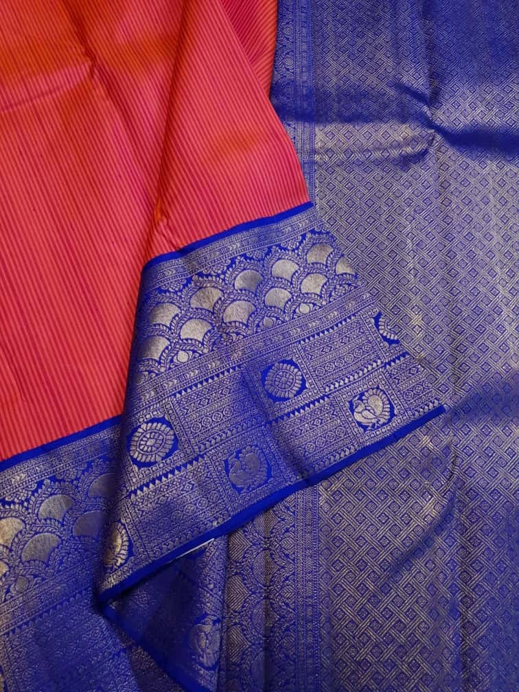 2G Pure Kanjivaram Silk Saree – Red with Blue Border | Silkmark Certified