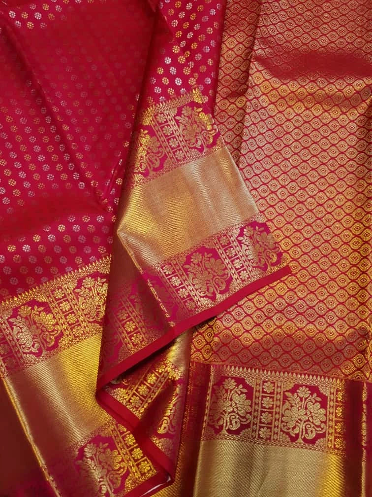 2G Pure Kanjivaram Silk Saree – Red Pink with Gold Zari Border | Silkmark Certified