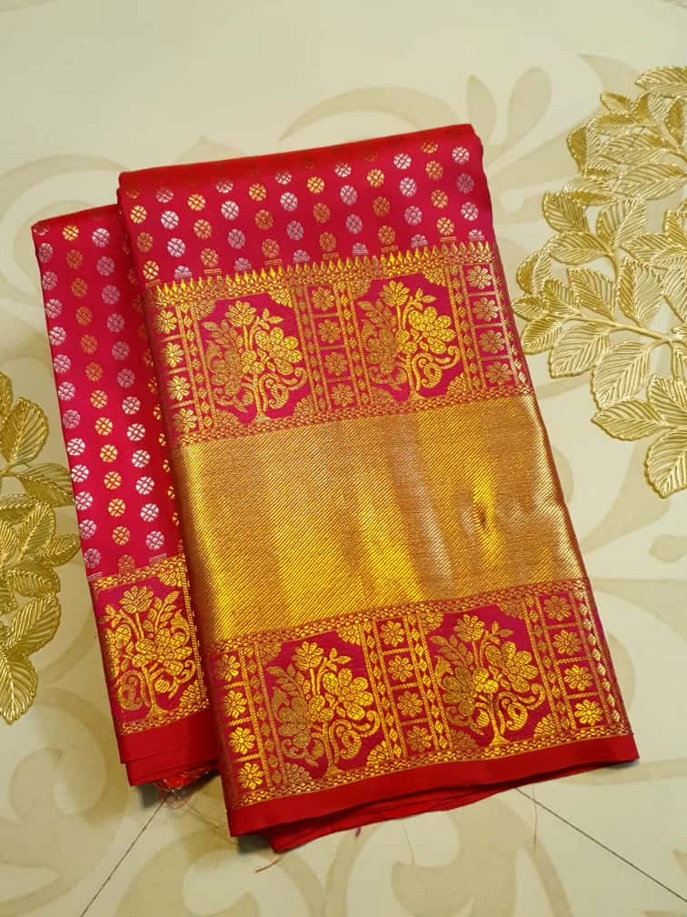 2G Pure Kanjivaram Silk Saree – Red Pink with Gold Zari Border | Silkmark Certified