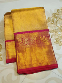 2G Pure Kanjivaram Silk Saree – Gold with Red Peacock Border | Silkmark Certified  Celebrate timeles