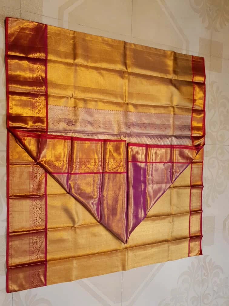 2G Pure Kanjivaram Silk Saree – Gold with Red Peacock Border | Silkmark Certified  Celebrate timeles