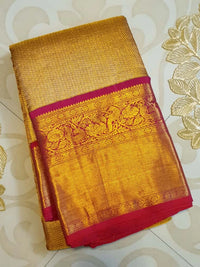 2G Pure Kanjivaram Silk Saree – Gold with Red Peacock Border | Silkmark Certified  Celebrate timeles