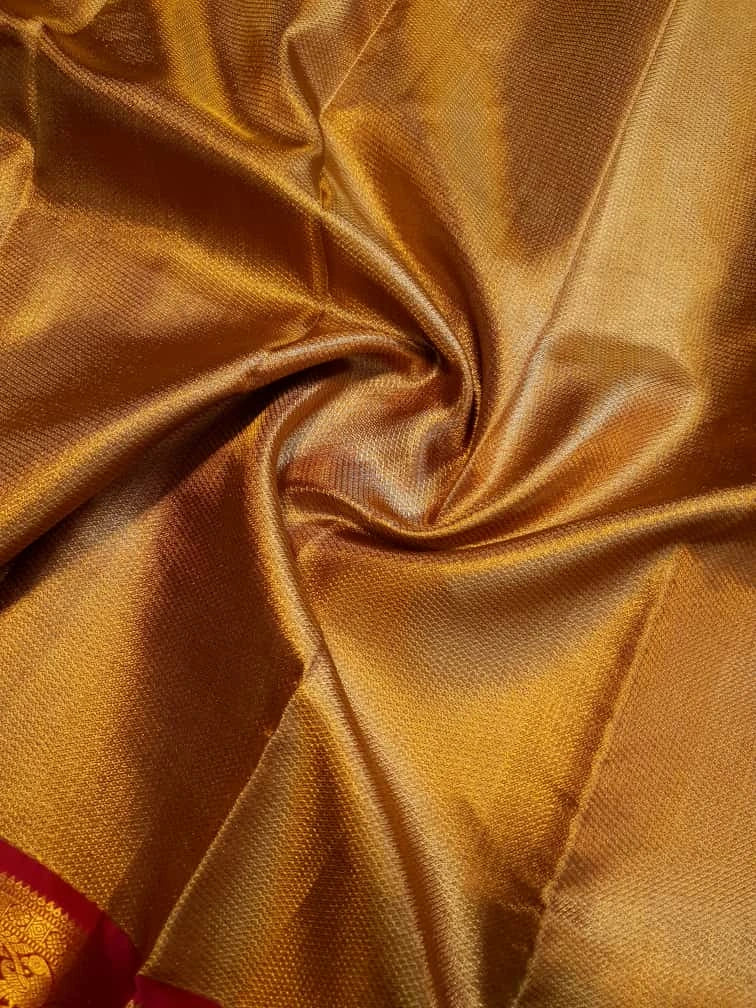 2G Pure Kanjivaram Silk Saree – Gold with Red Peacock Border | Silkmark Certified  Celebrate timeles