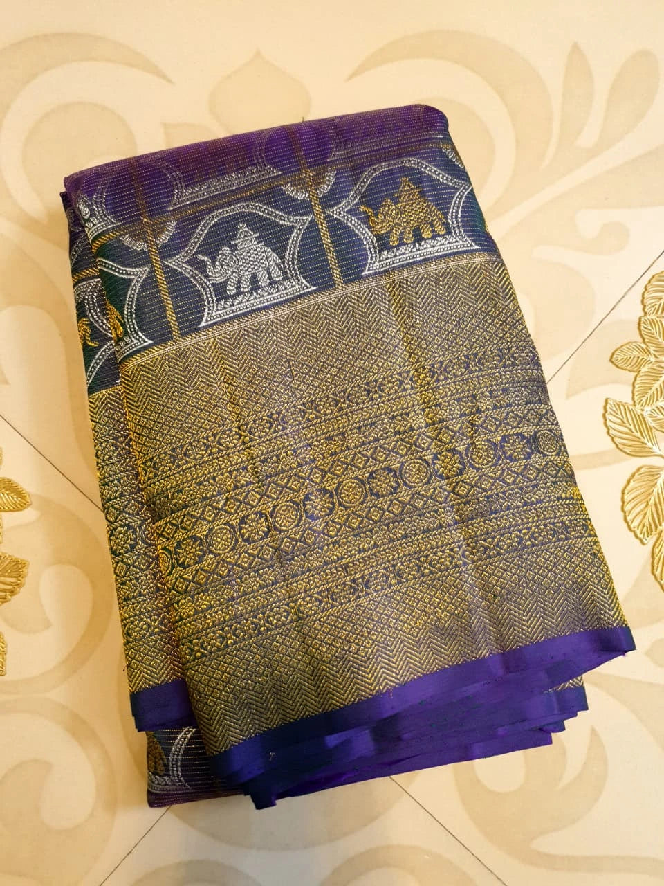 2G Pure Kanjivaram Silk Saree -  Royal Blue with Gold and Silver Elephant Motifs