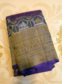 2G Pure Kanjivaram Silk Saree -  Royal Blue with Gold and Silver Elephant Motifs