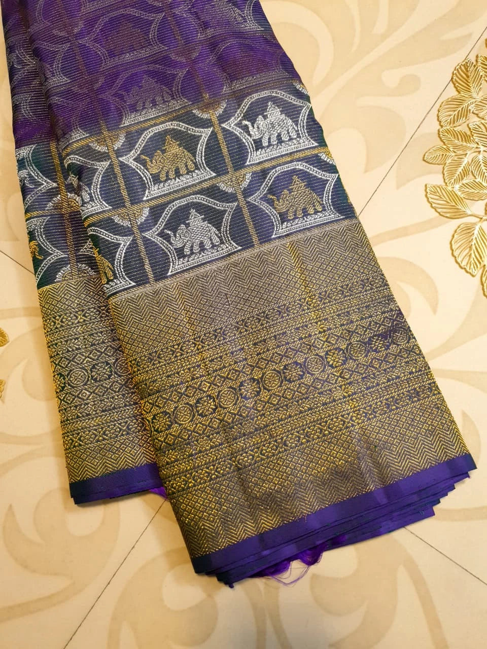 2G Pure Kanjivaram Silk Saree -  Royal Blue with Gold and Silver Elephant Motifs