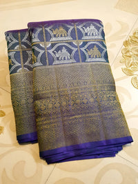 2G Pure Kanjivaram Silk Saree -  Royal Blue with Gold and Silver Elephant Motifs