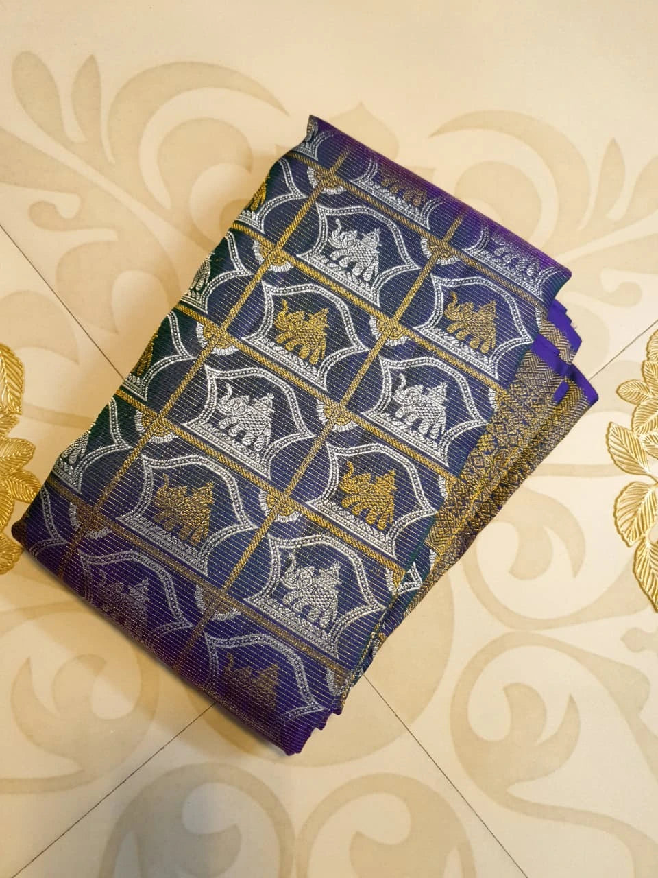 2G Pure Kanjivaram Silk Saree -  Royal Blue with Gold and Silver Elephant Motifs