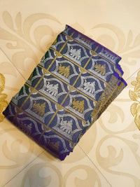 2G Pure Kanjivaram Silk Saree -  Royal Blue with Gold and Silver Elephant Motifs