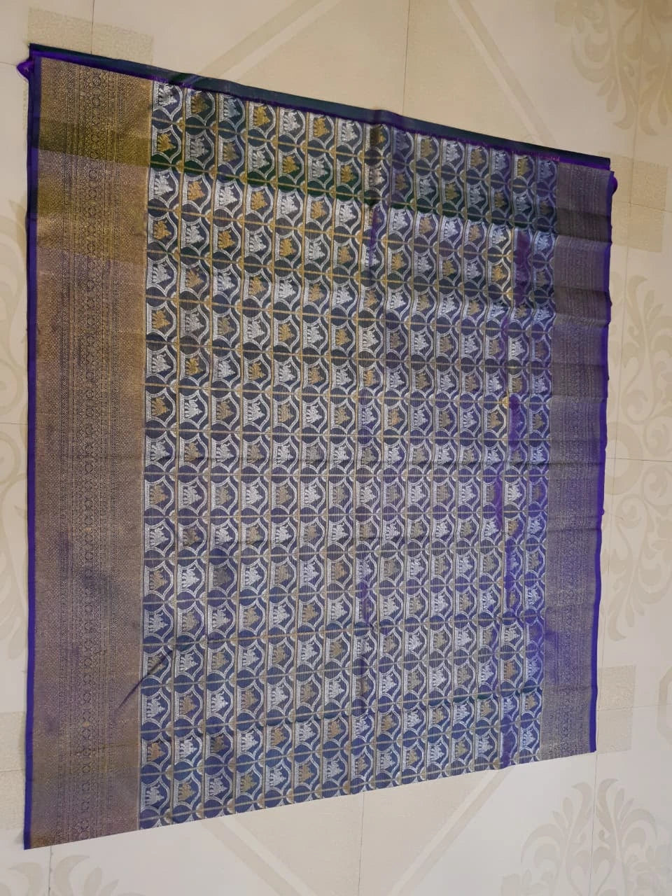 2G Pure Kanjivaram Silk Saree -  Royal Blue with Gold and Silver Elephant Motifs
