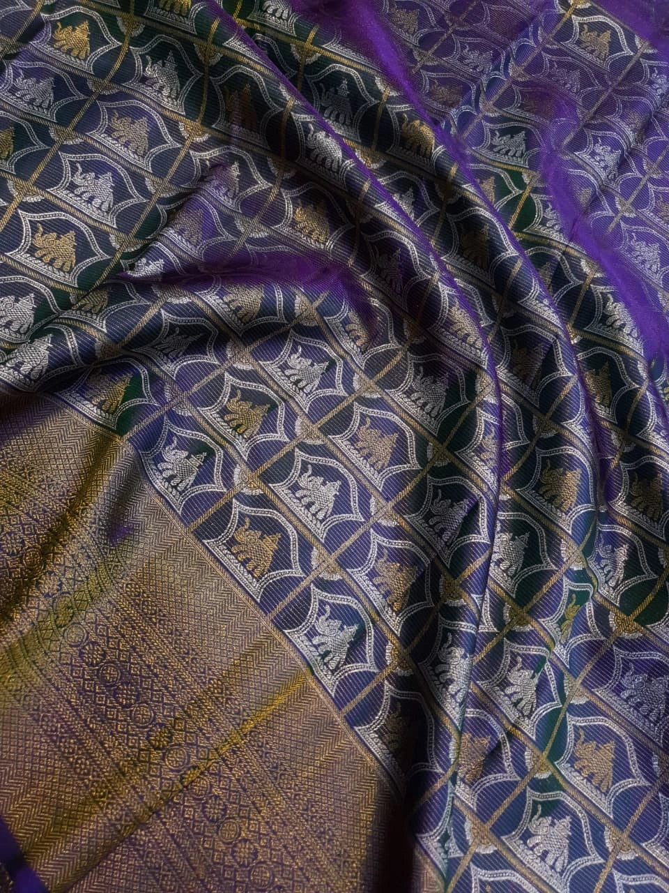 2G Pure Kanjivaram Silk Saree -  Royal Blue with Gold and Silver Elephant Motifs