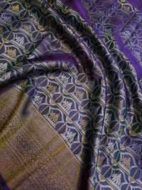 2G Pure Kanjivaram Silk Saree -  Royal Blue with Gold and Silver Elephant Motifs