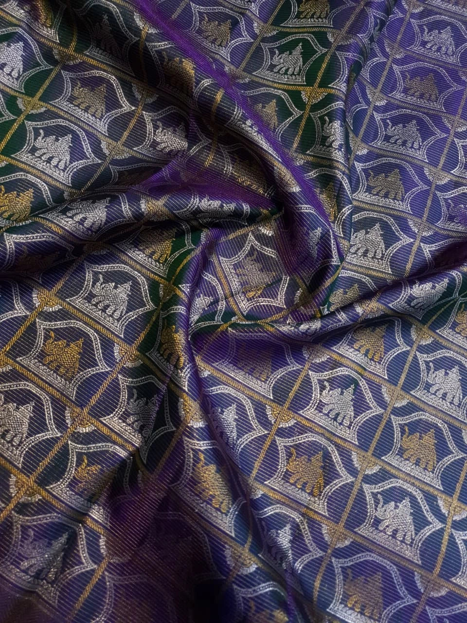 2G Pure Kanjivaram Silk Saree -  Royal Blue with Gold and Silver Elephant Motifs